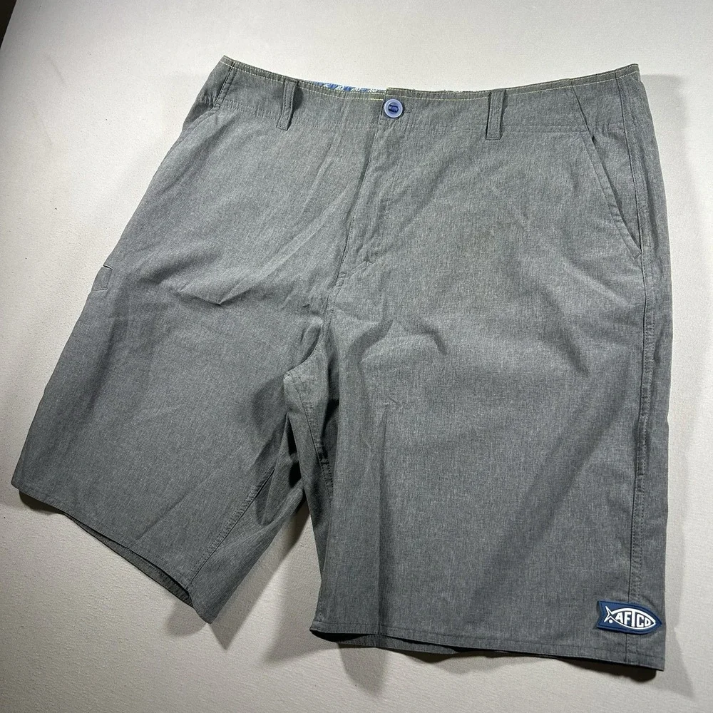AFTCO Hybrid Fishing Shorts Mens 36 Gray Chino Quick Dry Stretch Zip Fly